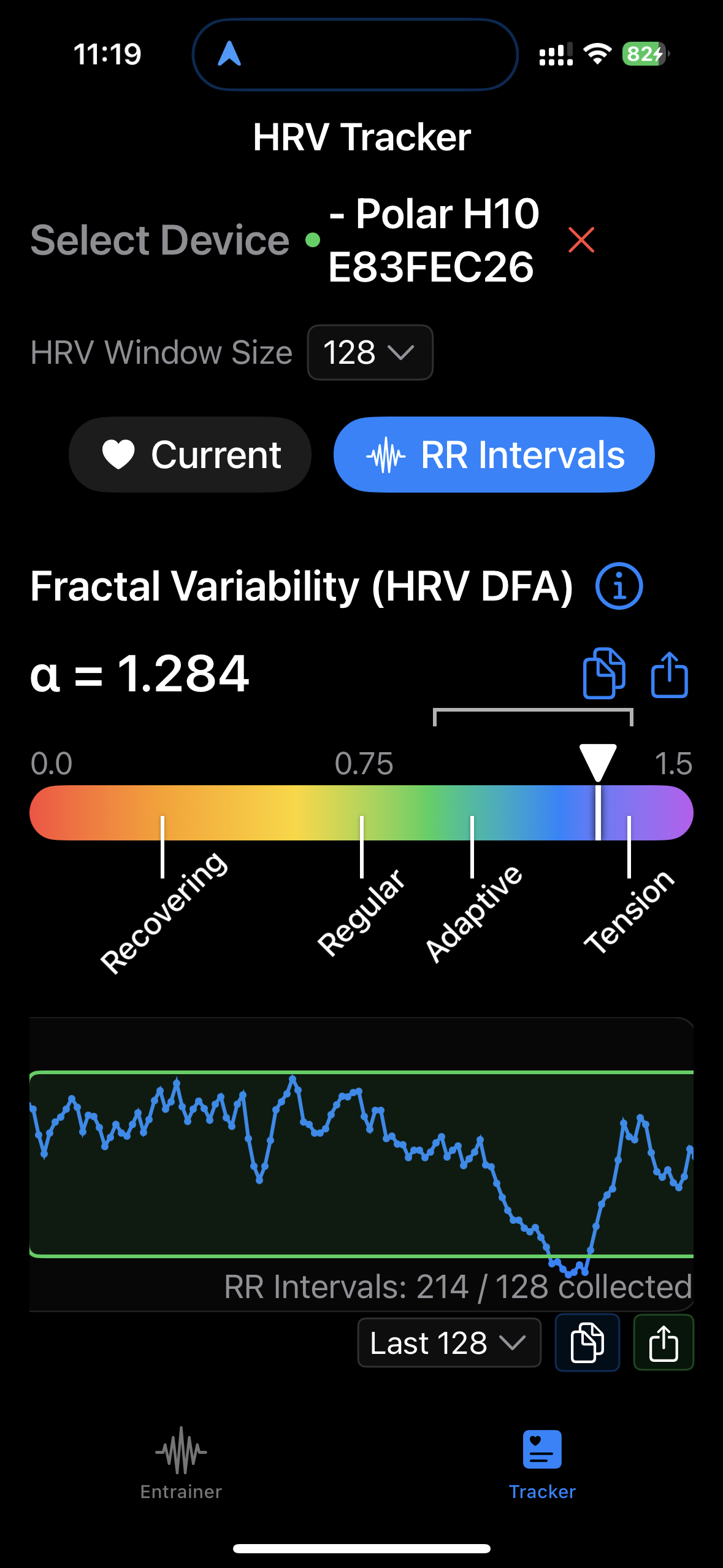 SomaSync Fractal Variability DFA analysis showing alpha values and RR intervals
