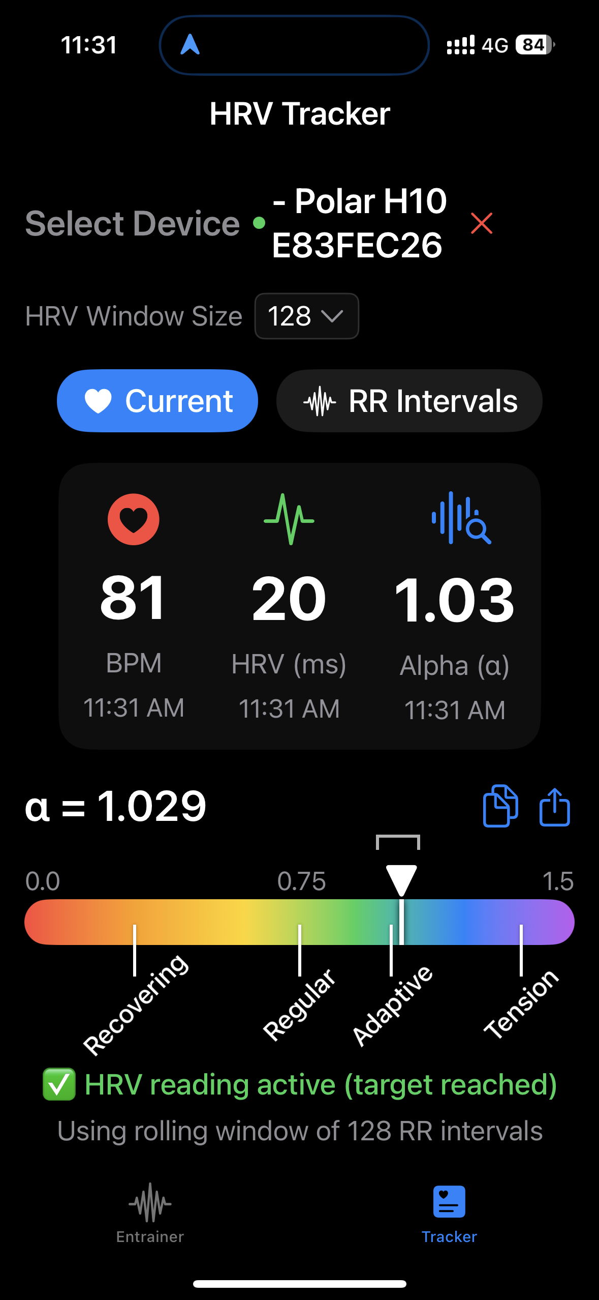 SomaSync HRV Tracker showing real-time heart rate variability with DFA alpha analysis