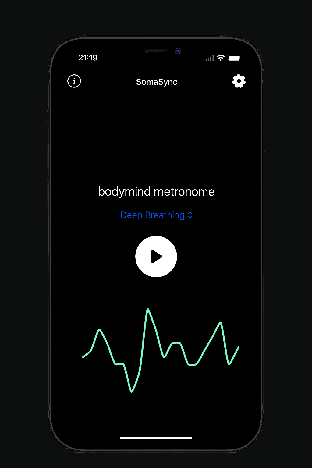 SomaSync iPhone app showing bodymind metronome interface