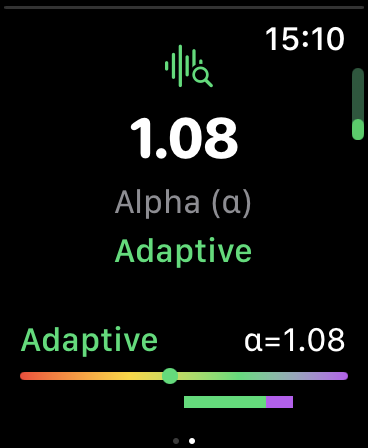 SomaSync Apple Watch showing DFA alpha value 1.08 in adaptive state with color-coded scale